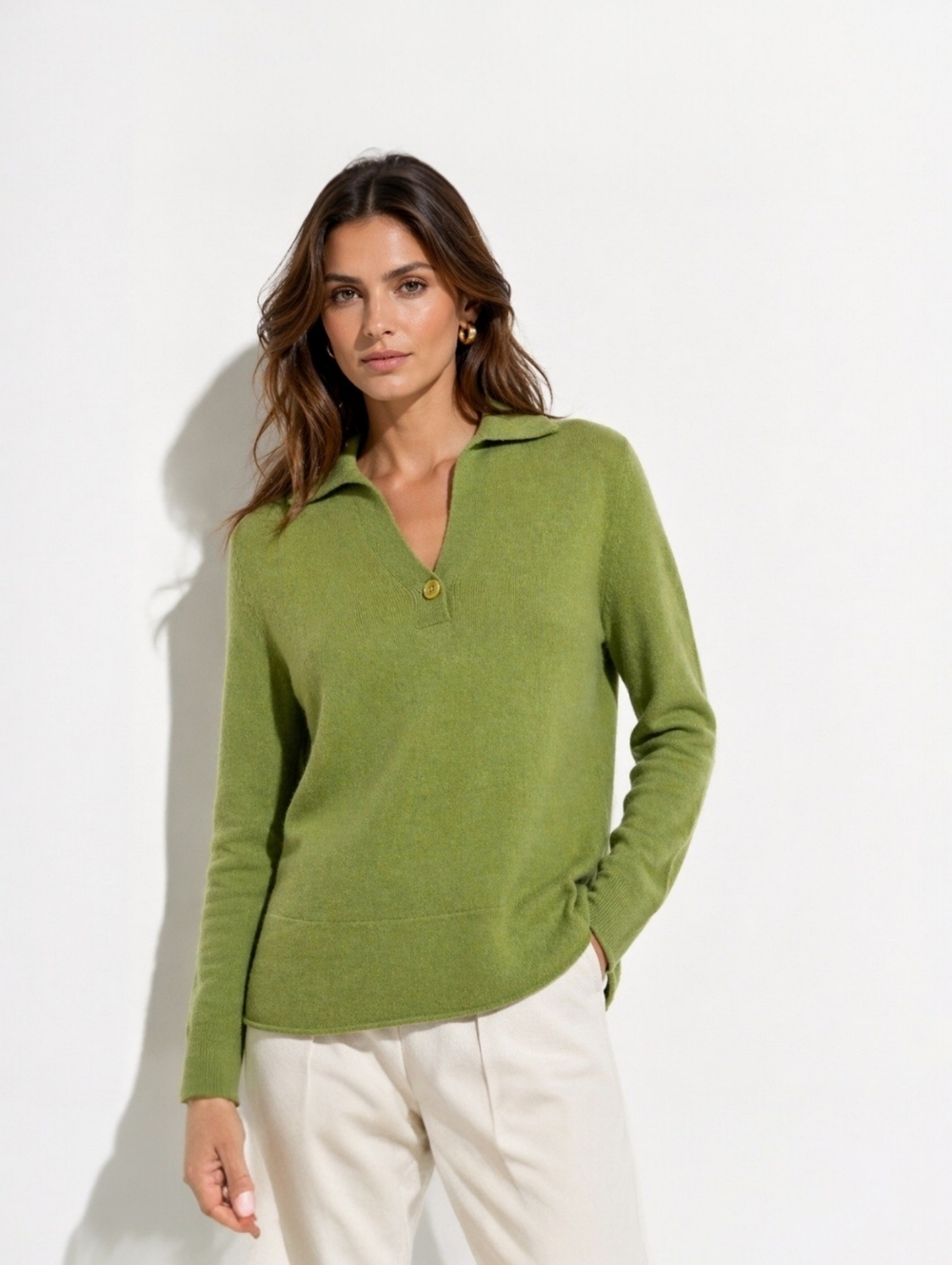 Prive 100% Cashmere Green Split Neck Polo Sweater S Sage Soft Knit